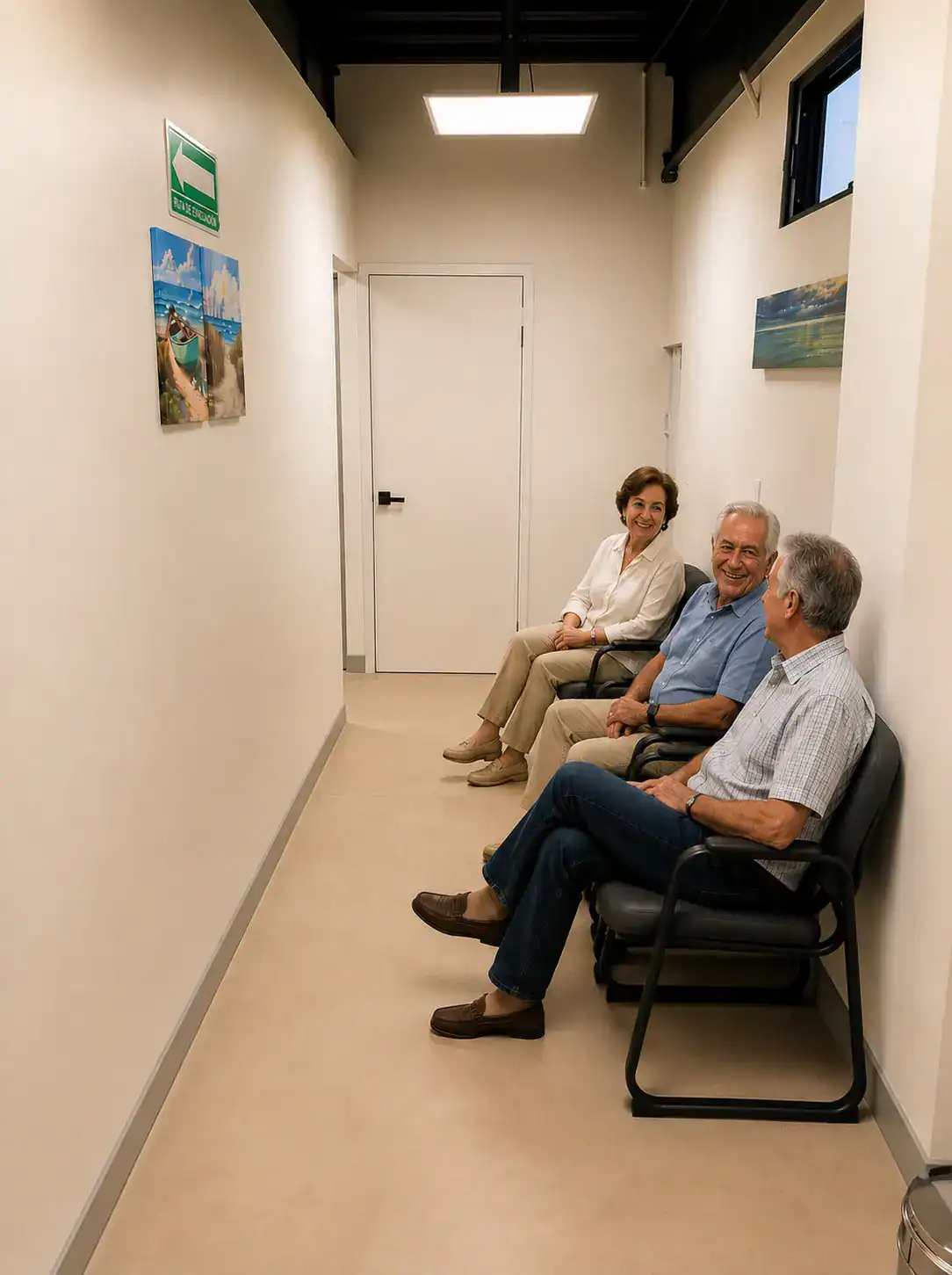 Personas esperando su sesión de cámara hiperbárica en la recepción de Ensenada