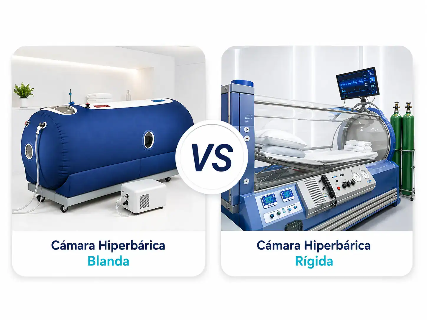 Comparación visual entre una cámara hiperbárica blanda de lona y una cámara hiperbárica rígida