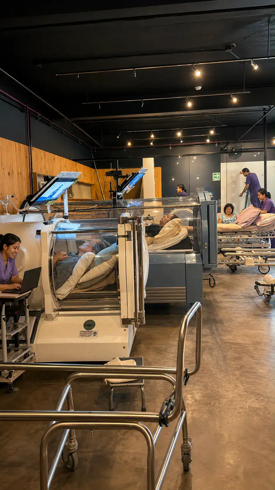 Personal certificado acompañando a pacientes durante sesiones de cámara hiperbárica en Tijuana